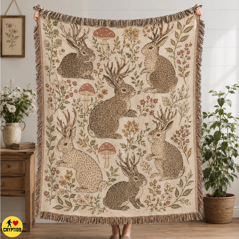 Vintage Jackalope Blanket Cottagecore Florals, Mushrooms & Antlered Rabbits 4 Vintage Jackalope Blanket Cottagecore Florals, Mushrooms