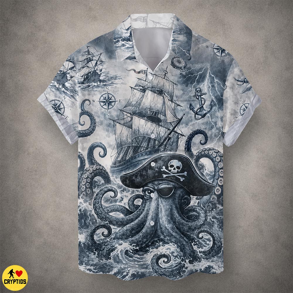 Vintage Kraken Pirate Hawaiian Shirt Nautical Map Button-Up with Ghost Ship 1 Vintage Kraken Pirate Hawaiian Shirt Nautical Map Button-Up with Ghost Ship