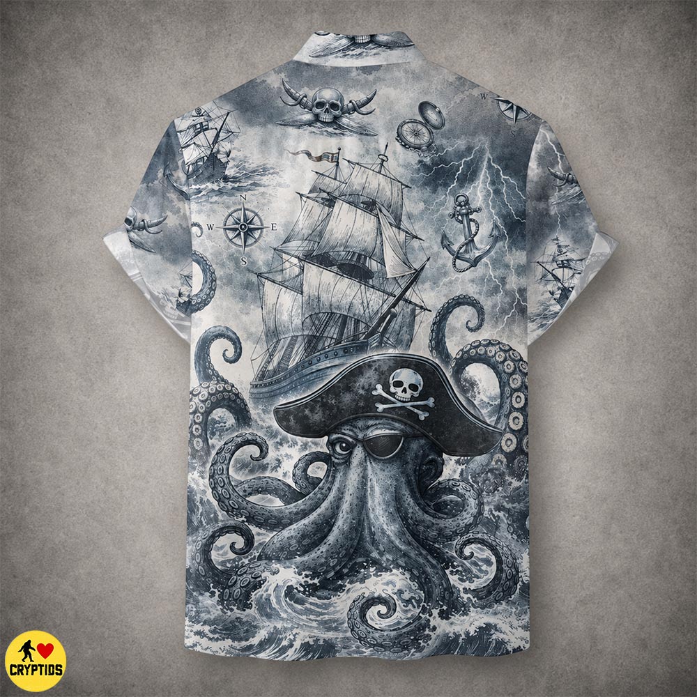 Vintage Kraken Pirate Hawaiian Shirt Nautical Map Button-Up with Ghost Ship 2 Vintage Kraken Pirate Hawaiian Shirt Nautical Map Button-Up with Ghost Ship