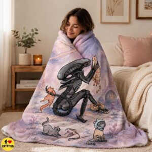 Xenomorph Cats Blanket – Cute Watercolor Sci-Fi Throw with Space Cats, Planets & Astronaut Kitten 5 Xenomorph Cats Blanket – Cute Watercolor