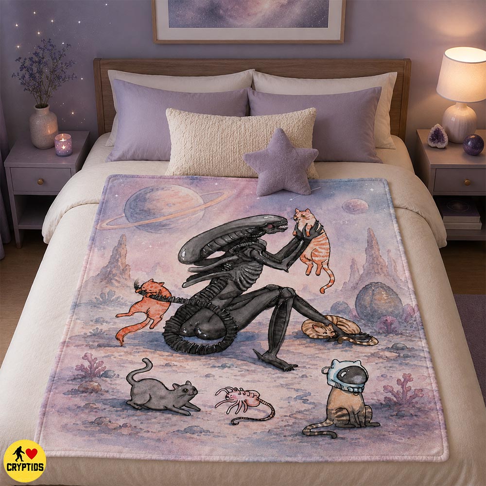 Xenomorph Cats Blanket – Cute Watercolor Sci-Fi Throw with Space Cats, Planets & Astronaut Kitten 1 Xenomorph Cats Blanket – Cute Watercolor