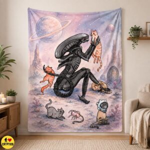 Xenomorph Cats Blanket – Cute Watercolor Sci-Fi Throw with Space Cats, Planets & Astronaut Kitten 6 Xenomorph Cats Blanket – Cute Watercolor