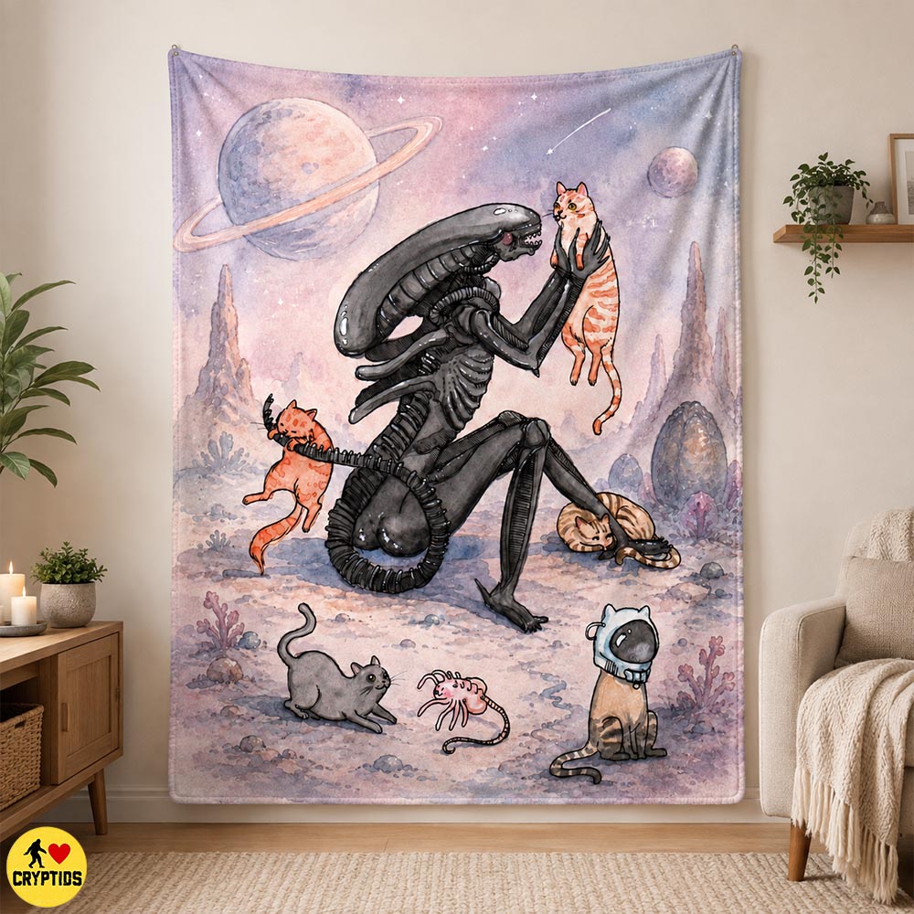 Xenomorph Cats Blanket – Cute Watercolor Sci-Fi Throw with Space Cats, Planets & Astronaut Kitten 3 Xenomorph Cats Blanket – Cute Watercolor