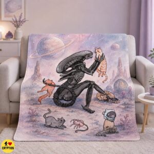 Xenomorph Cats Blanket – Cute Watercolor Sci-Fi Throw with Space Cats, Planets & Astronaut Kitten 7 Xenomorph Cats Blanket – Cute Watercolor