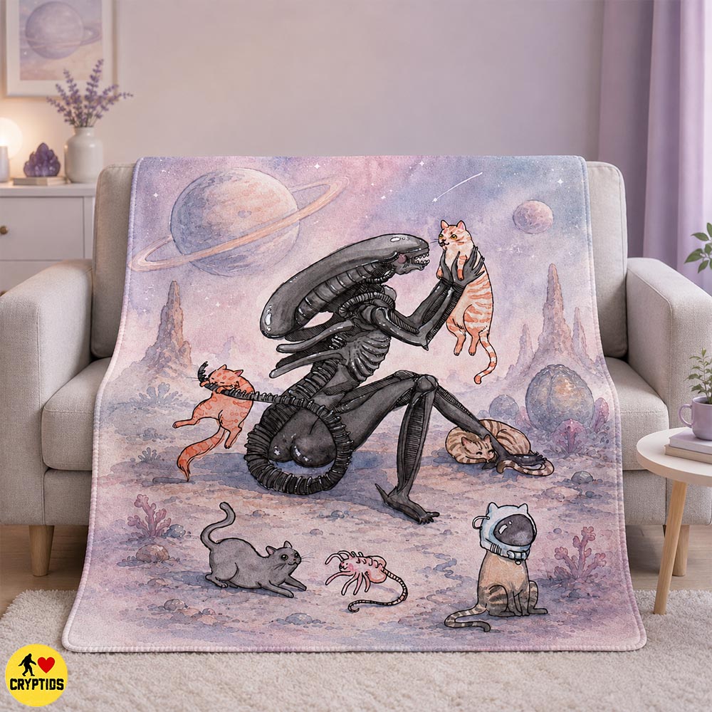 Xenomorph Cats Blanket – Cute Watercolor Sci-Fi Throw with Space Cats, Planets & Astronaut Kitten 4 Xenomorph Cats Blanket – Cute Watercolor