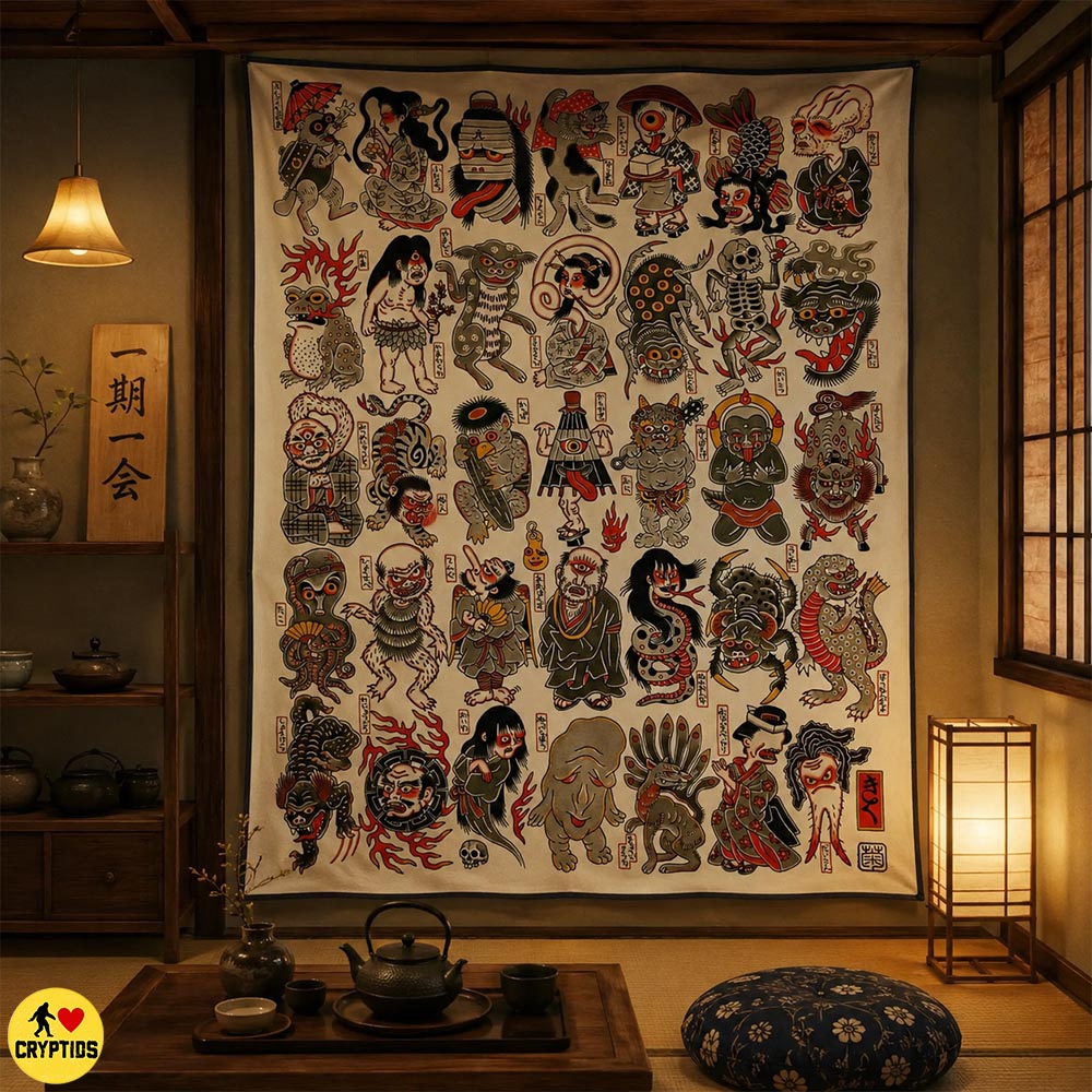 Yokai Blanket Japanese Folklore Monster Throw with Kappa, Oni, Kitsune Rokurokubi & More 2 Yokai Blanket Japanese Folklore Monster Throw