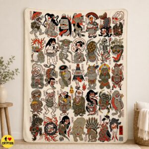 Yokai Blanket Japanese Folklore Monster Throw with Kappa, Oni, Kitsune Rokurokubi & More 6 Yokai Blanket Japanese Folklore Monster Throw