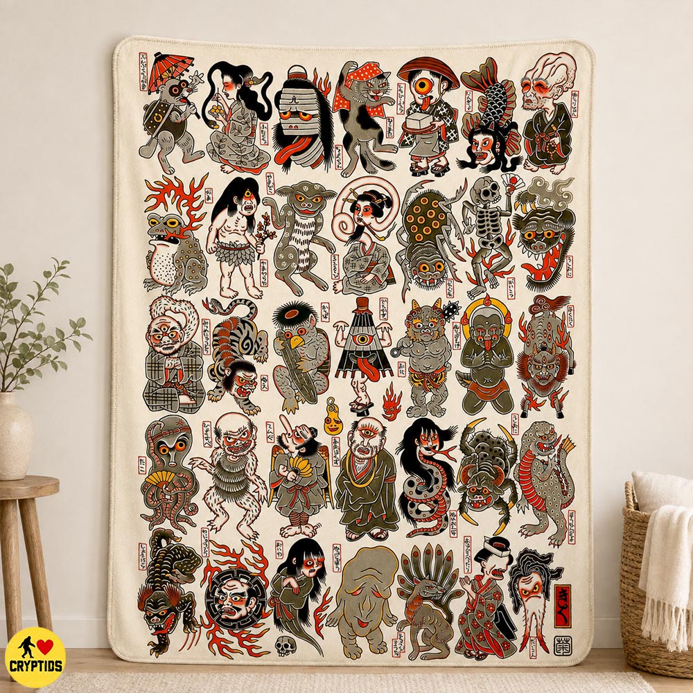 Yokai Blanket Japanese Folklore Monster Throw with Kappa, Oni, Kitsune Rokurokubi & More 3 Yokai Blanket Japanese Folklore Monster Throw