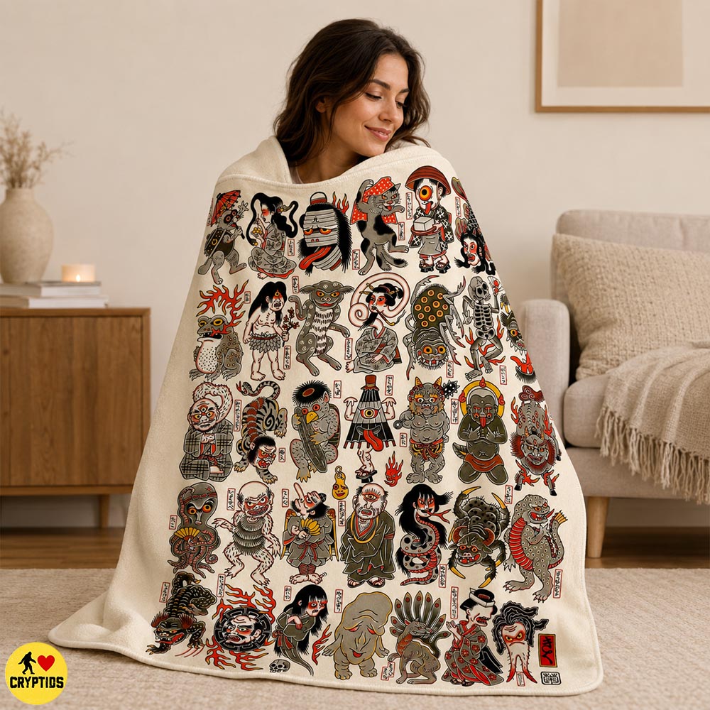 Yokai Blanket Japanese Folklore Monster Throw with Kappa, Oni, Kitsune Rokurokubi & More 1 Yokai Blanket Japanese Folklore Monster Throw