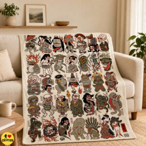 Yokai Blanket Japanese Folklore Monster Throw with Kappa, Oni, Kitsune Rokurokubi & More 7 Yokai Blanket Japanese Folklore Monster Throw