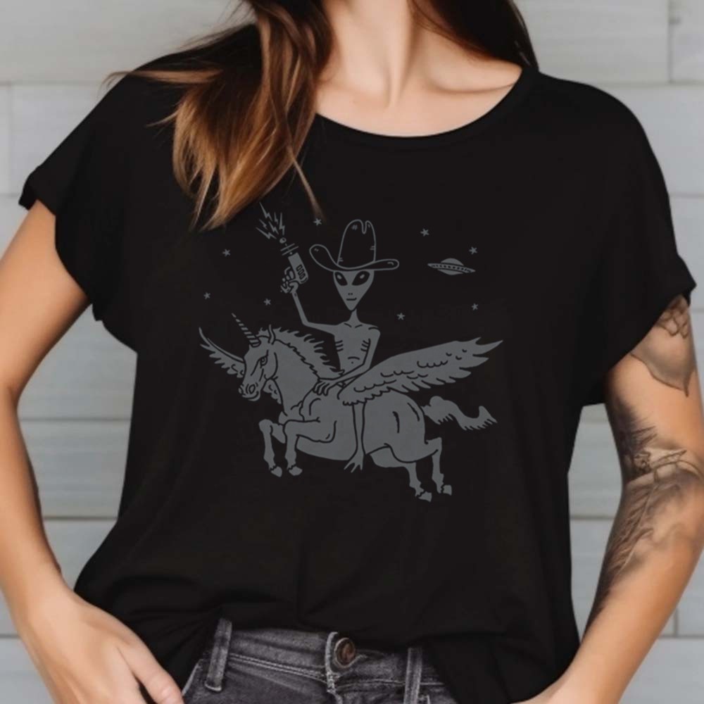 Alien Cowboy Riding a Winged Unicorn T-Shirt, UFO Western 3 Alien Cowboy Riding a Winged Unicorn Shirt, UFO Western