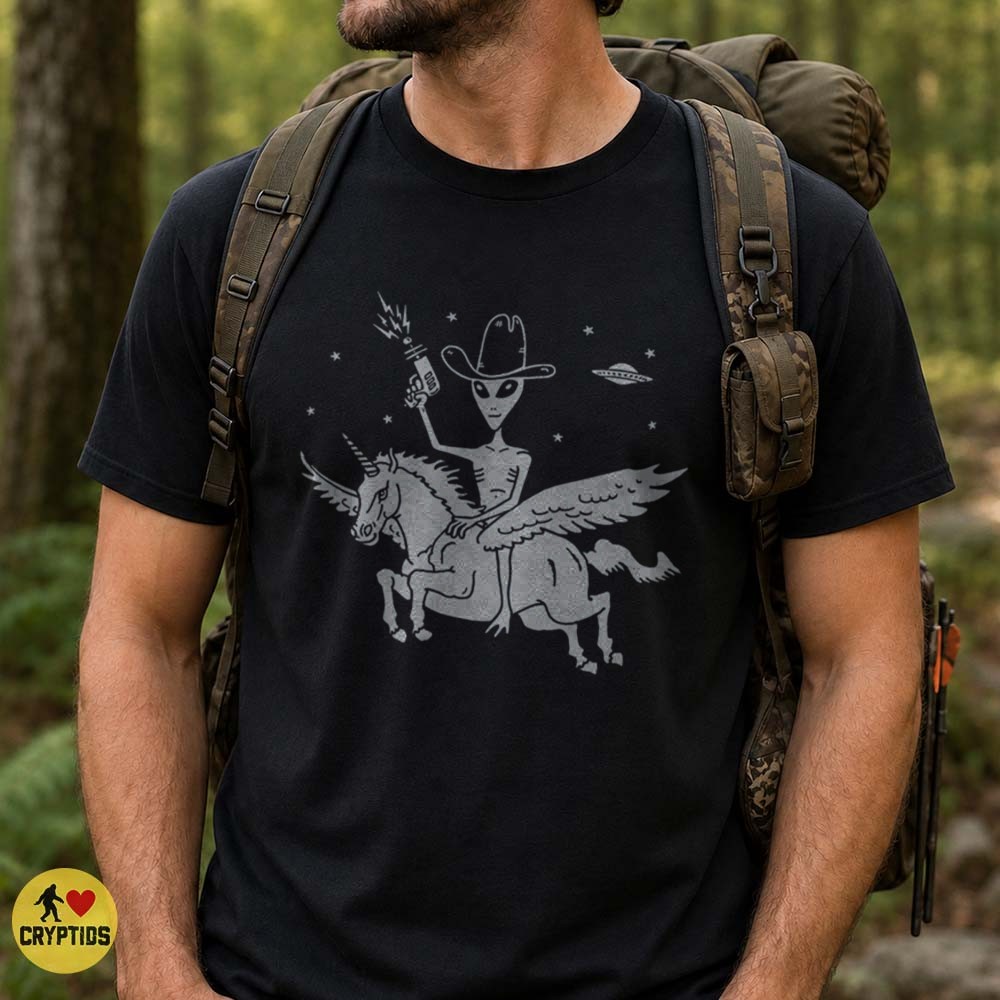 Alien Cowboy Riding a Winged Unicorn T-Shirt, UFO Western 4 Alien Cowboy Riding a Winged Unicorn Shirt, UFO Western