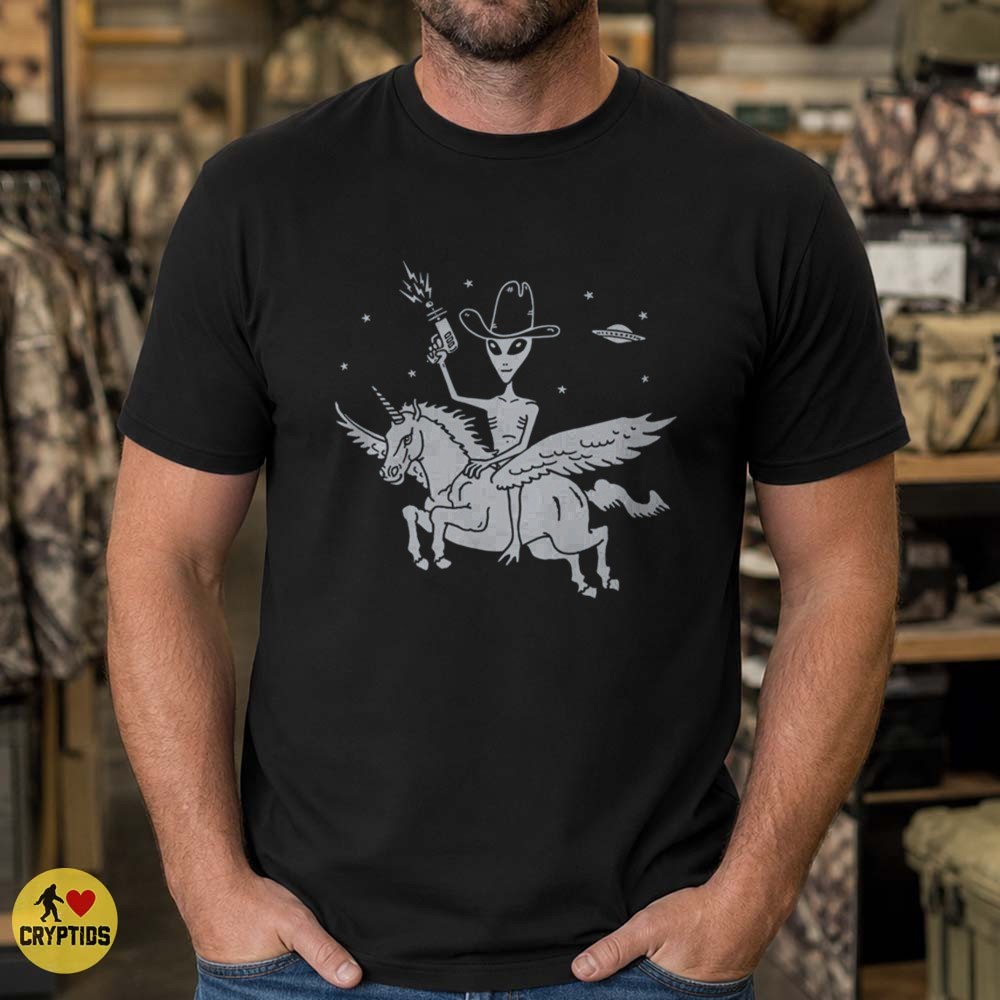 Alien Cowboy Riding a Winged Unicorn T-Shirt, UFO Western 5 Alien Cowboy Riding a Winged Unicorn Shirt, UFO Western
