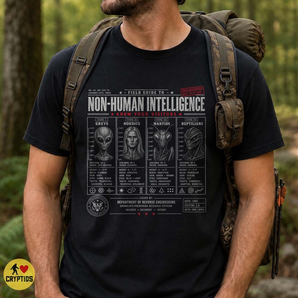 Alien Field Guide Greys Nordics Mantids Reptilians T-Shirt 1 Alien Field Guide Greys Nordics Mantids Reptilians Shirt