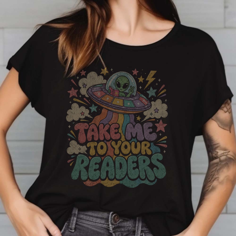 Alien Take Me To Your Readers Retro 70s Book Lover T-Shirt 2 Alien Take Me To Your Readers Retro 70s Book Lover Shirt