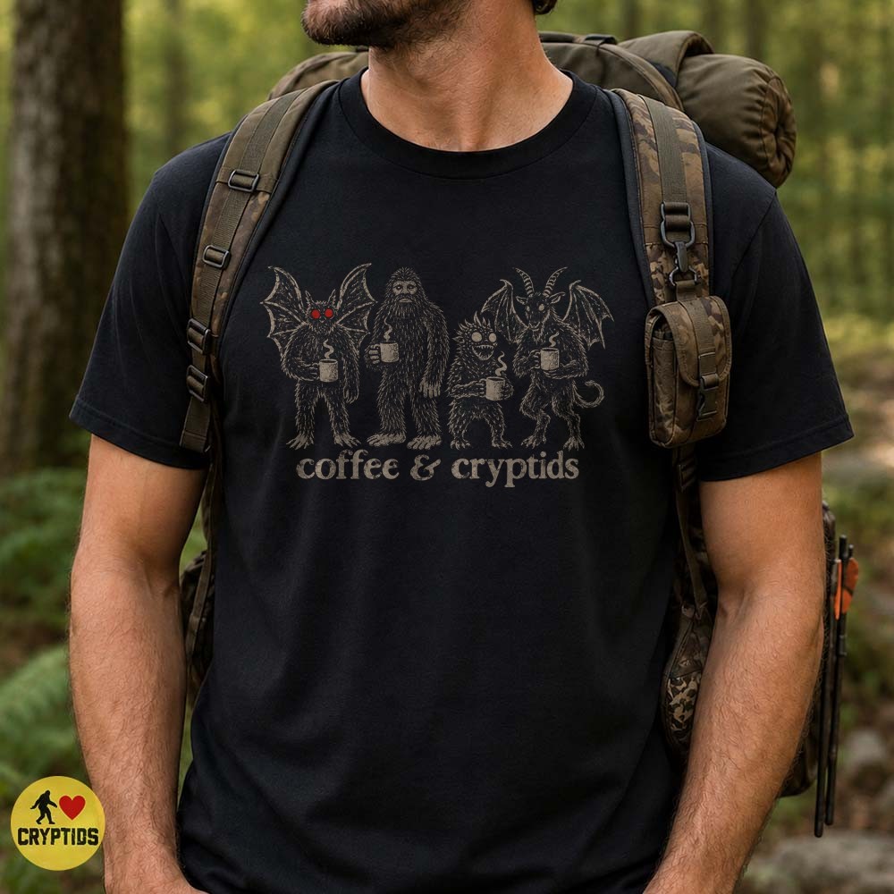 Coffee & Cryptids T-Shirt, Mothman Bigfoot Jersey Devil 3 Coffee & Cryptids Shirt, Mothman Bigfoot Jersey Devil