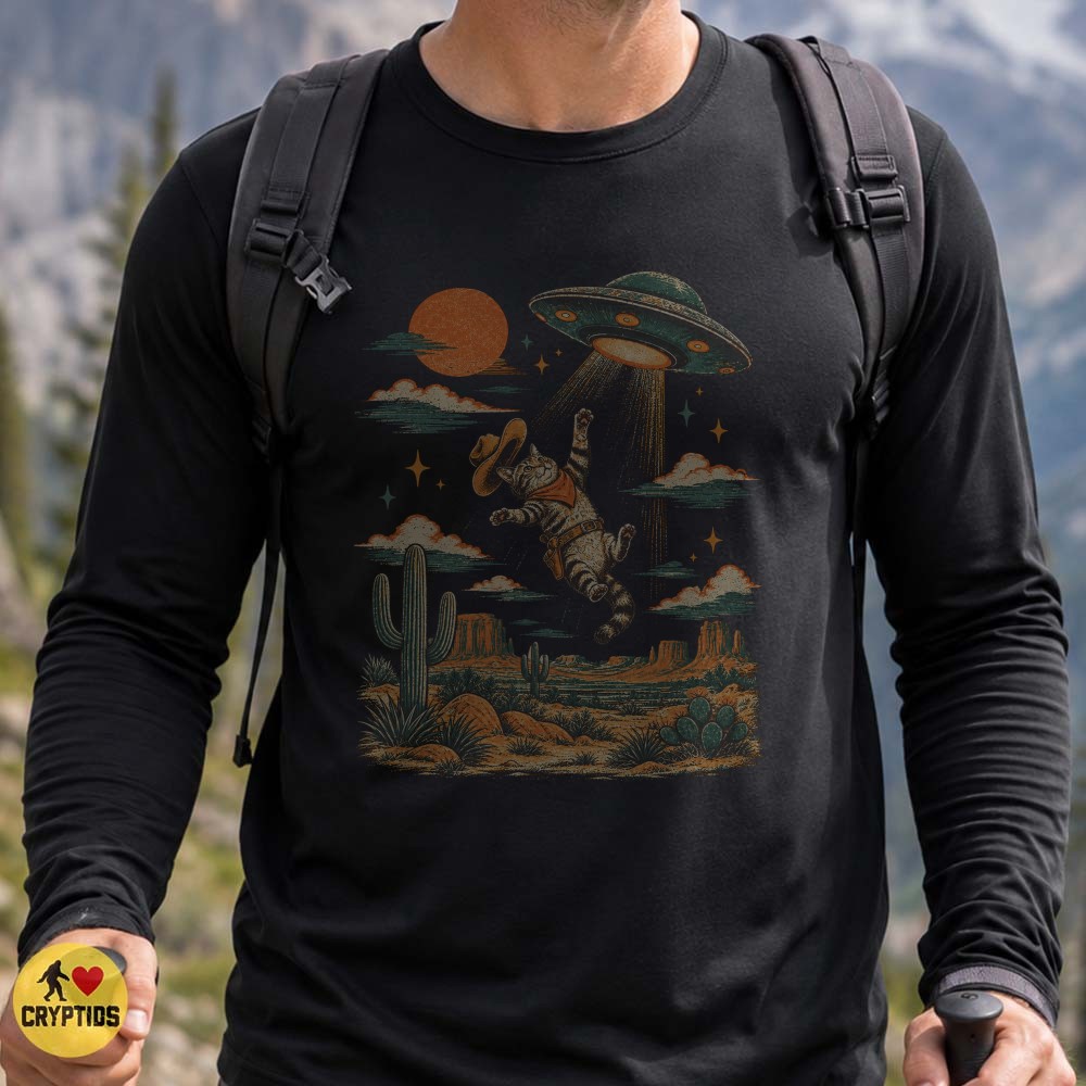 Cowboy Cat UFO Abduction T-Shirt, Western Alien 3 Cowboy Cat UFO Abduction Shirt, Western Alien