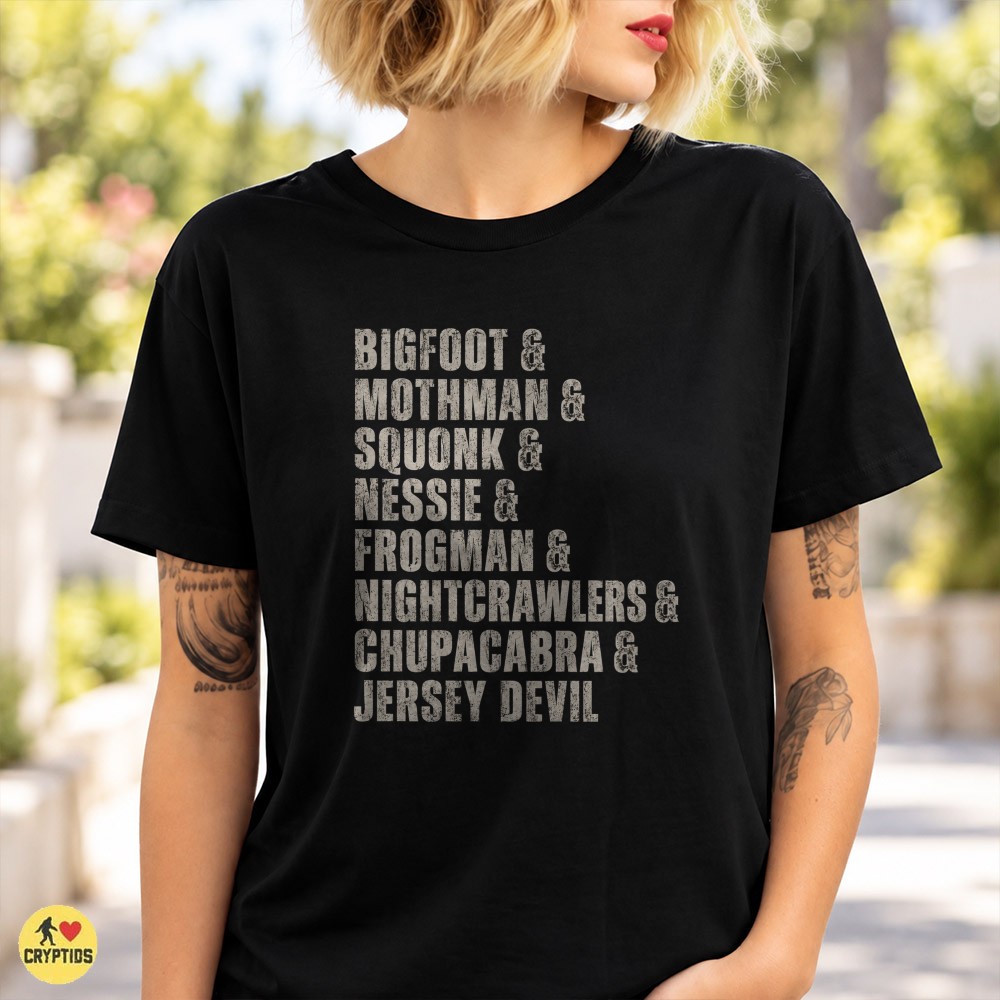 Cryptid Bigfoot Mothman Squonk Creature List Vintage T-Shirt 2 Cryptid Bigfoot Mothman Squonk Creature List Vintage Shirt