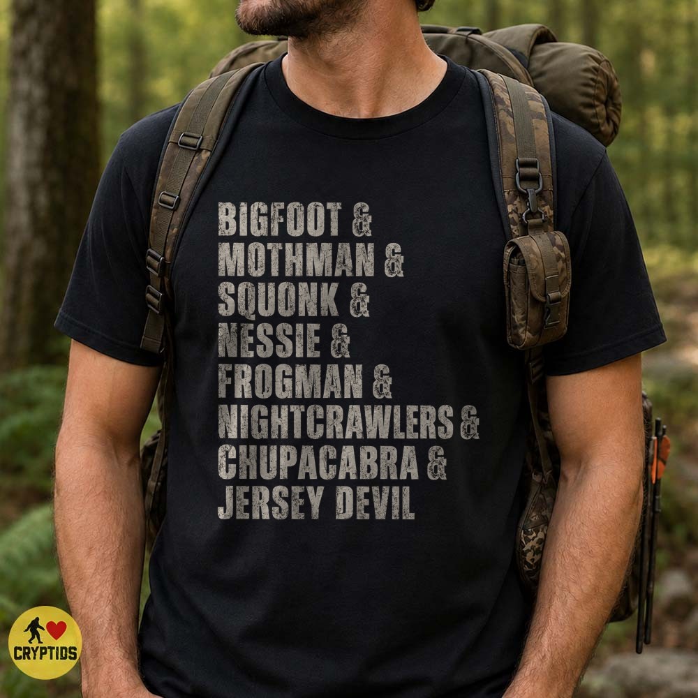 Cryptid Bigfoot Mothman Squonk Creature List Vintage T-Shirt 1 Cryptid Bigfoot Mothman Squonk Creature List Vintage Shirt