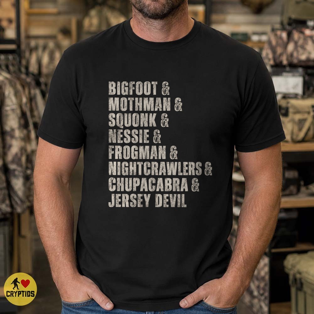 Cryptid Bigfoot Mothman Squonk Creature List Vintage T-Shirt 3 Cryptid Bigfoot Mothman Squonk Creature List Vintage Shirt
