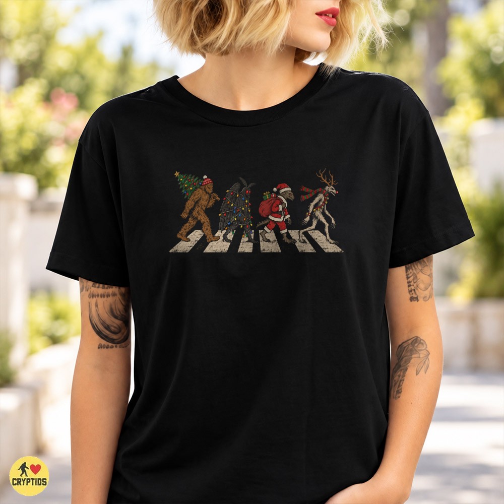Cryptid Christmas Abbey Road T-Shirt, Bigfoot Mothman Wendigo Vintage Holiday 2 Cryptid Christmas Abbey Road Shirt, Bigfoot Mothman Wendigo Vintage Holiday