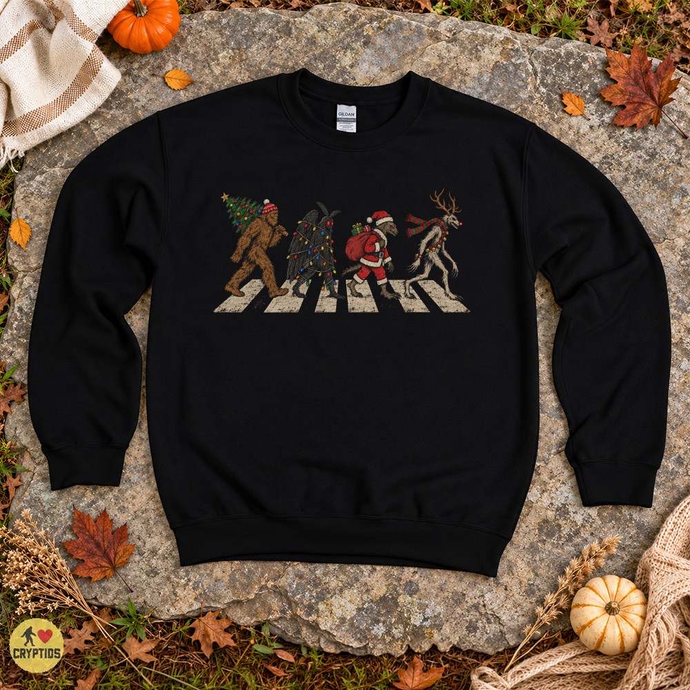 Cryptid Christmas Abbey Road T-Shirt, Bigfoot Mothman Wendigo Vintage Holiday 4 Cryptid Christmas Abbey Road Shirt, Bigfoot Mothman Wendigo Vintage Holiday