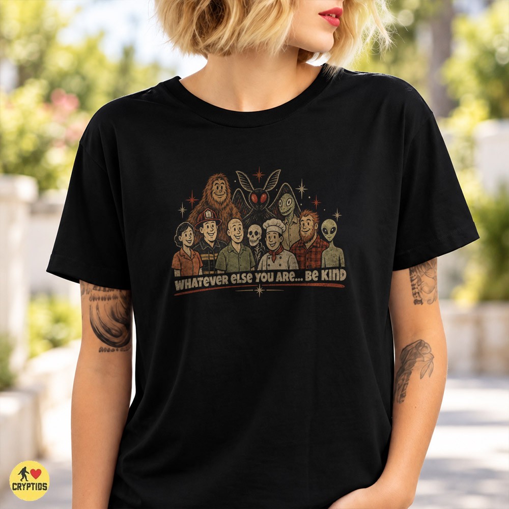 Cryptid Crew Be Kind Bigfoot Mothman Alien T-Shirt 2 Cryptid Crew Be Kind Bigfoot Mothman Alien Shirt