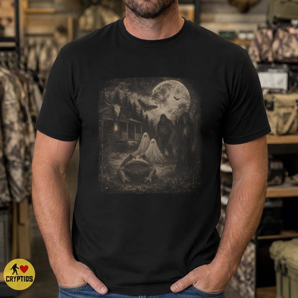 Cryptid Haunted House T-Shirt, Bigfoot Mothman & Frogman 5 Cryptid Haunted House Shirt, Bigfoot Mothman & Frogman