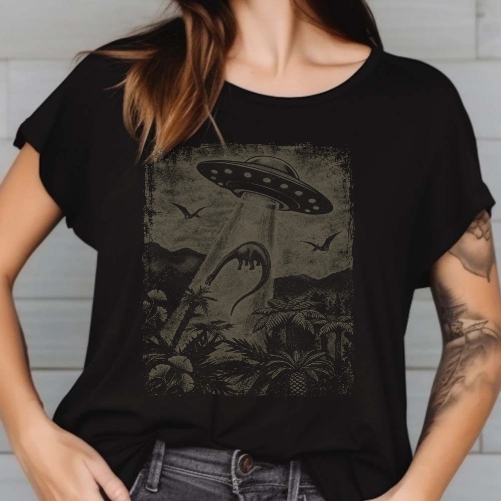 Dinosaur UFO Abduction T-Shirt, Prehistoric Alien Encounter 2 Dinosaur UFO Abduction Shirt, Prehistoric Alien Encounter