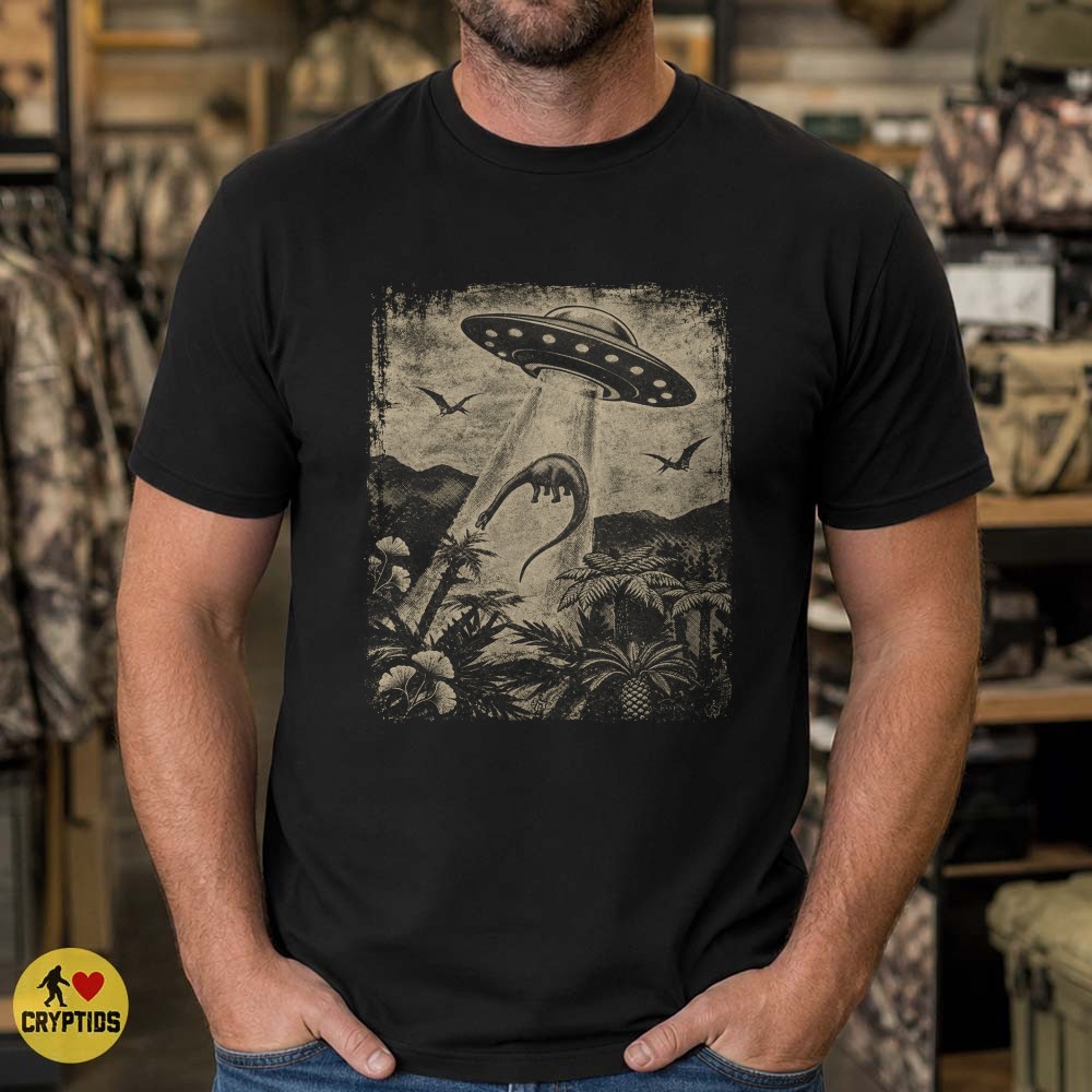 Dinosaur UFO Abduction T-Shirt, Prehistoric Alien Encounter 1 Dinosaur UFO Abduction Shirt, Prehistoric Alien Encounter