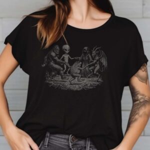 Funny Cryptid Ritual Circle Shirt, Bigfoot Alien Frogman Jersey Devil