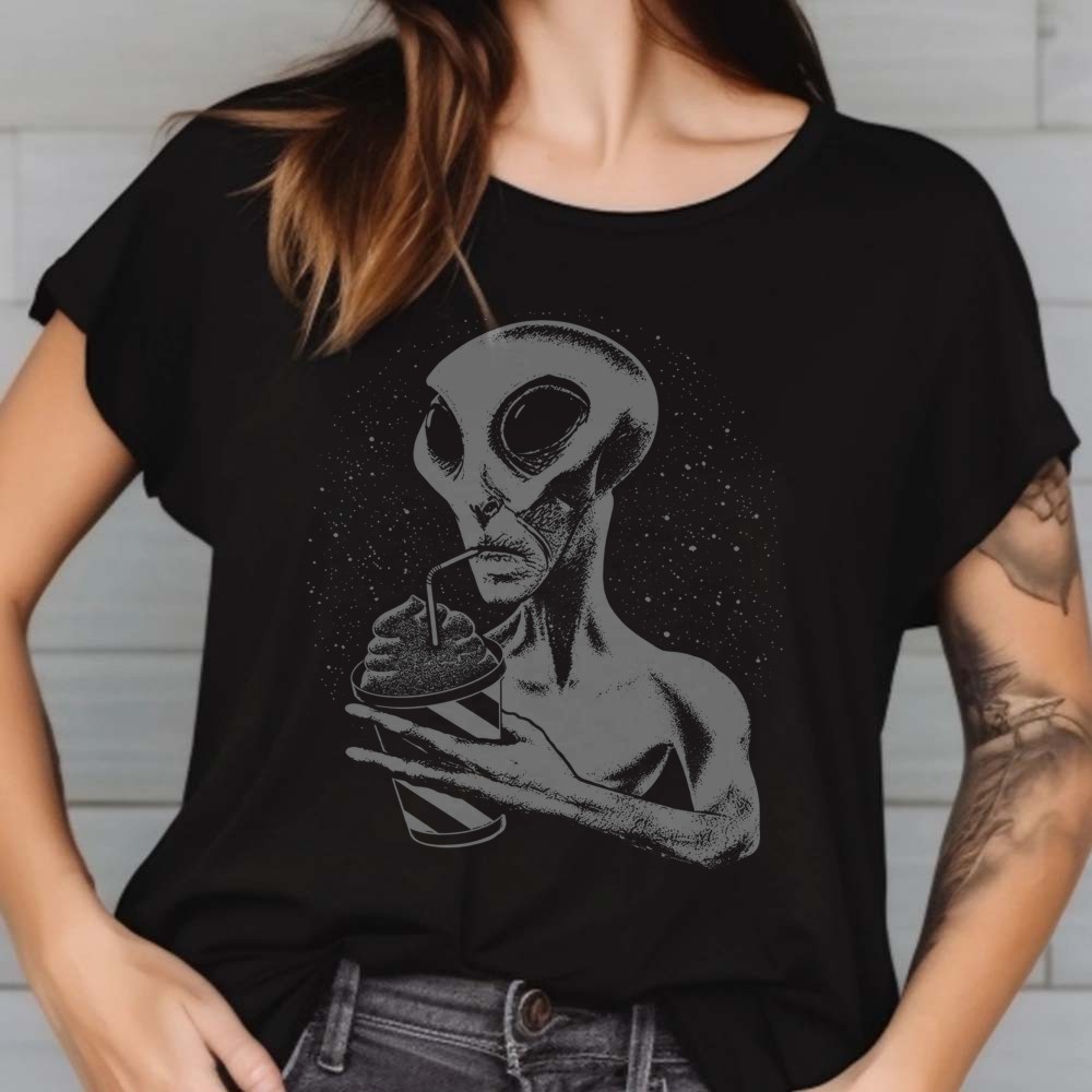 Grey Alien Drinking Slushie T-Shirt, Retro Sci-Fi 2 Grey Alien Drinking Slushie Shirt, Retro Sci-Fi