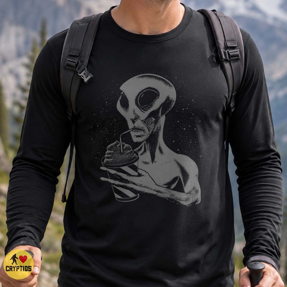 Grey Alien Drinking Slushie T-Shirt, Retro Sci-Fi 1 Grey Alien Drinking Slushie Shirt, Retro Sci-Fi