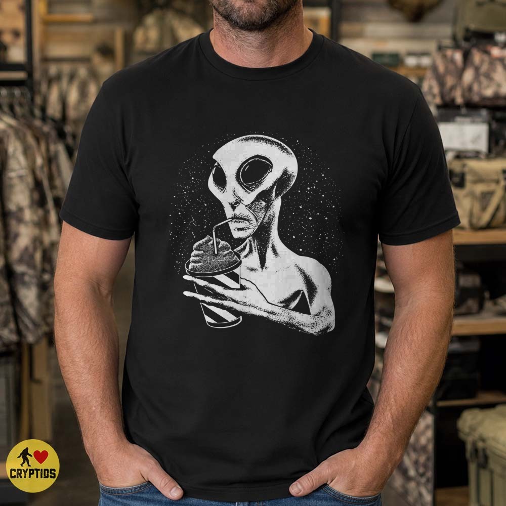 Grey Alien Drinking Slushie T-Shirt, Retro Sci-Fi 4 Grey Alien Drinking Slushie Shirt, Retro Sci-Fi