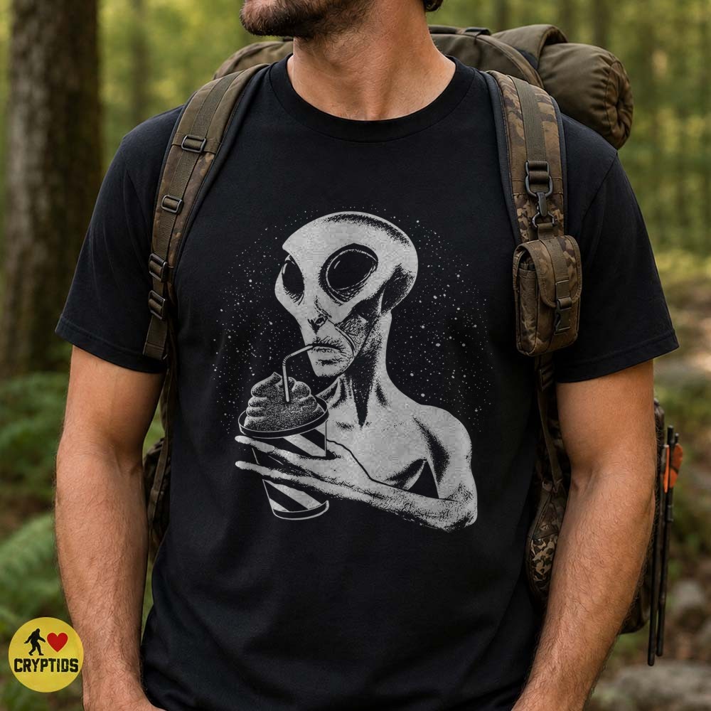 Grey Alien Drinking Slushie T-Shirt, Retro Sci-Fi 5 Grey Alien Drinking Slushie Shirt, Retro Sci-Fi