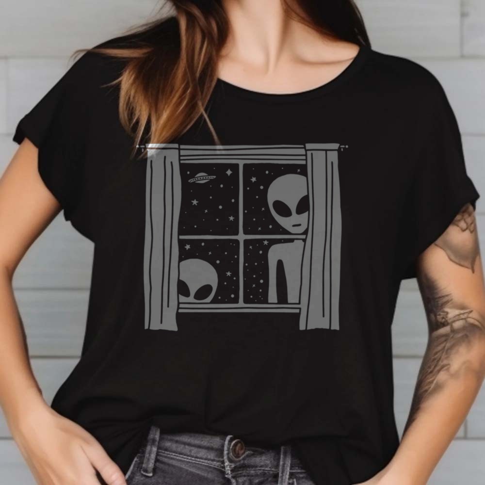 Grey Aliens Peeking Through the Window T-Shirt Funny UFO Sighting 2 Grey Aliens Peeking Through the Window Shirt Funny UFO Sighting