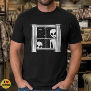 Grey Aliens Peeking Through the Window Shirt Funny UFO Sighting