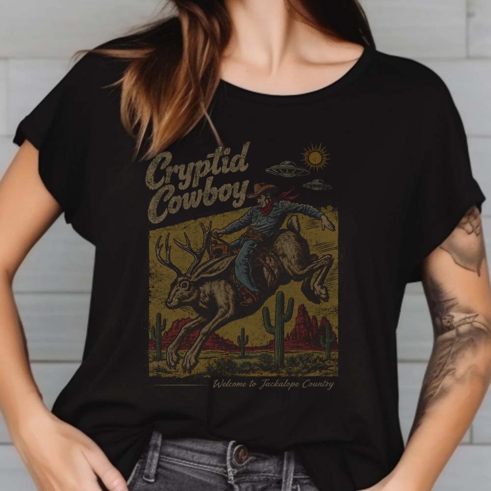 Jackalope Cowboy Rodeo T-Shirt, UFO Western Cryptid 1 Jackalope Cowboy Rodeo Shirt, UFO Western Cryptid
