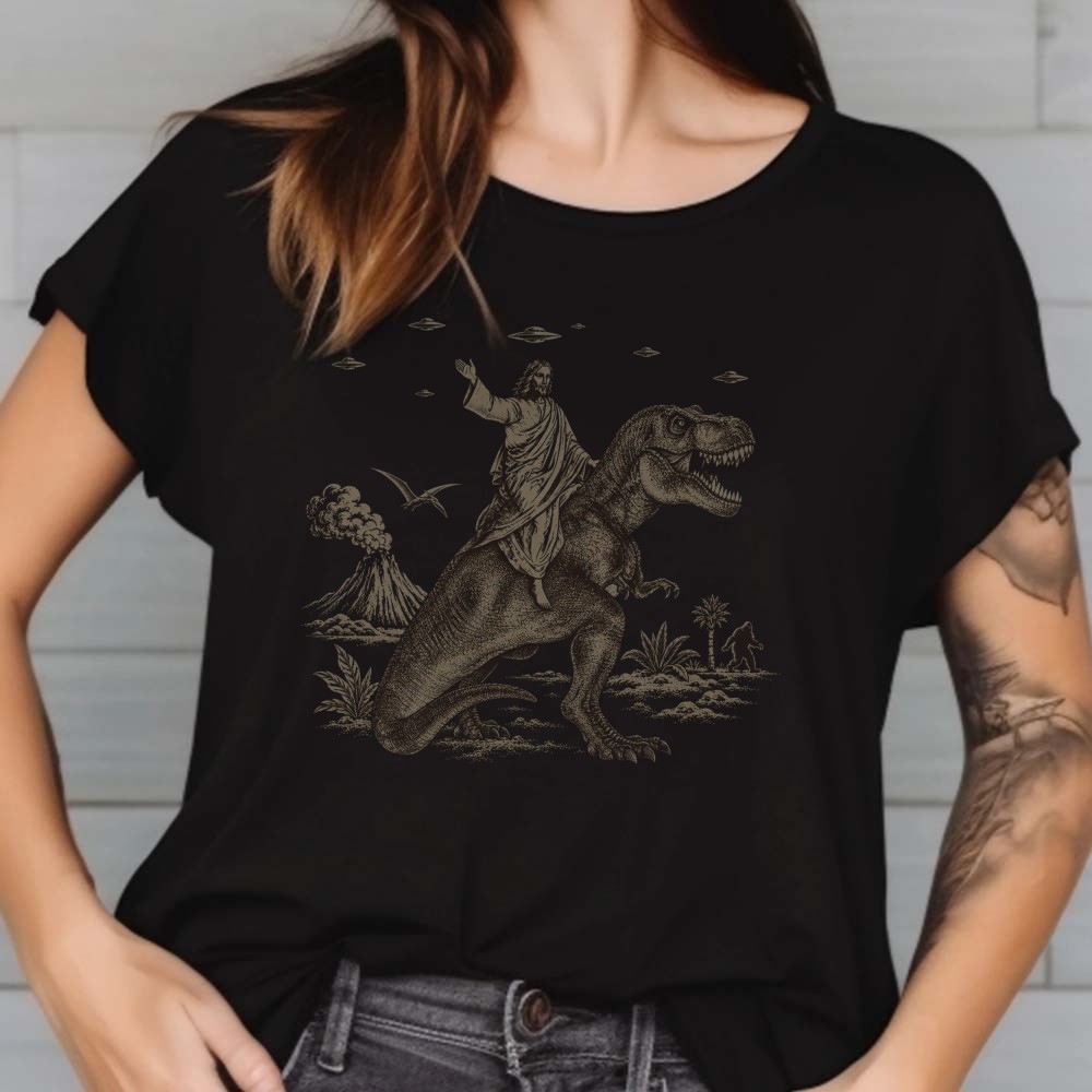 Jesus Riding a T-Rex with Aliens & Bigfoot T-Shirt 2 Jesus Riding a T-Rex with Aliens & Bigfoot Shirt