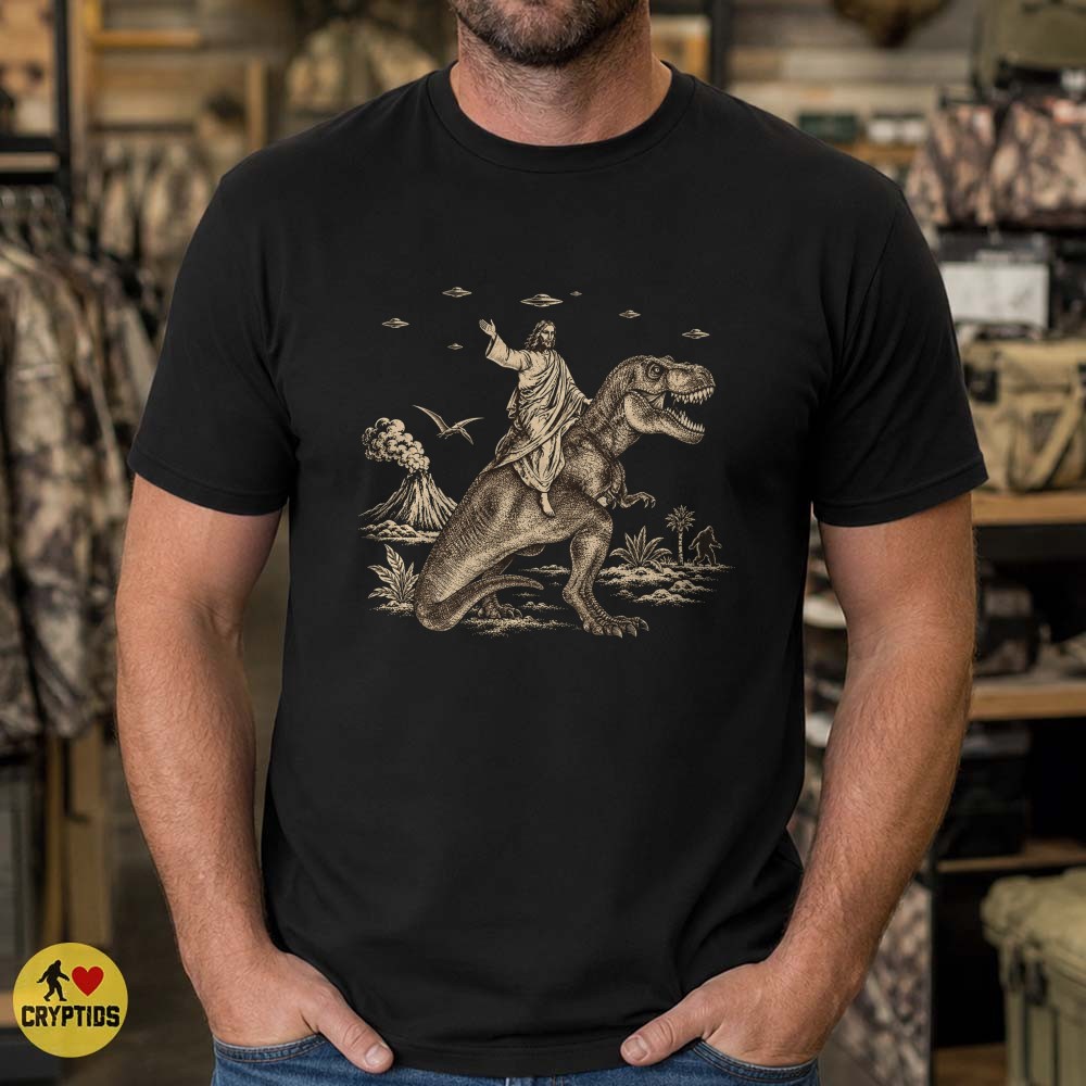 Jesus Riding a T-Rex with Aliens & Bigfoot T-Shirt 4 Jesus Riding a T-Rex with Aliens & Bigfoot Shirt