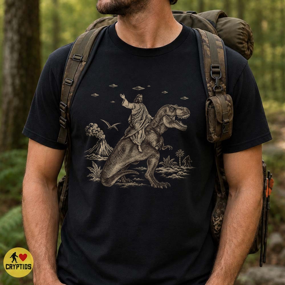Jesus Riding a T-Rex with Aliens & Bigfoot T-Shirt 5 Jesus Riding a T-Rex with Aliens & Bigfoot Shirt