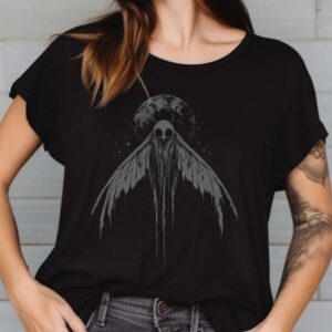 Mothman Skull Face Full Moon T-Shirt, Gothic Cryptid 6 Mothman Skull Face Full Moon Shirt, Gothic Cryptid