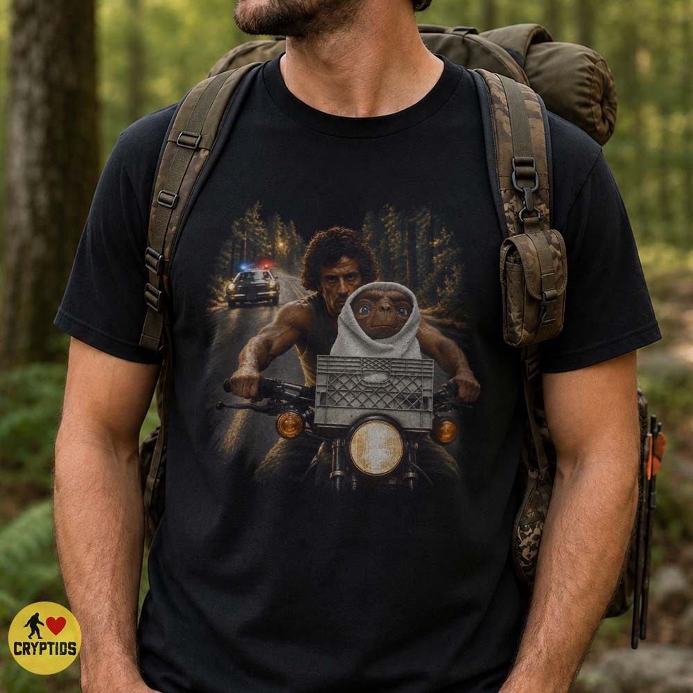 Rambo and E.T Alien the Extra-Terrestrial Police Chase Motorcycle Escape T-Shirt 4 Rambo and E.T Alien the Extra-Terrestrial Police Chase Motorcycle Escape Shirt