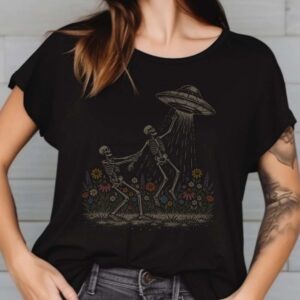 Skeleton UFO Abduction Cottagecore Wildflower Funny Shirt